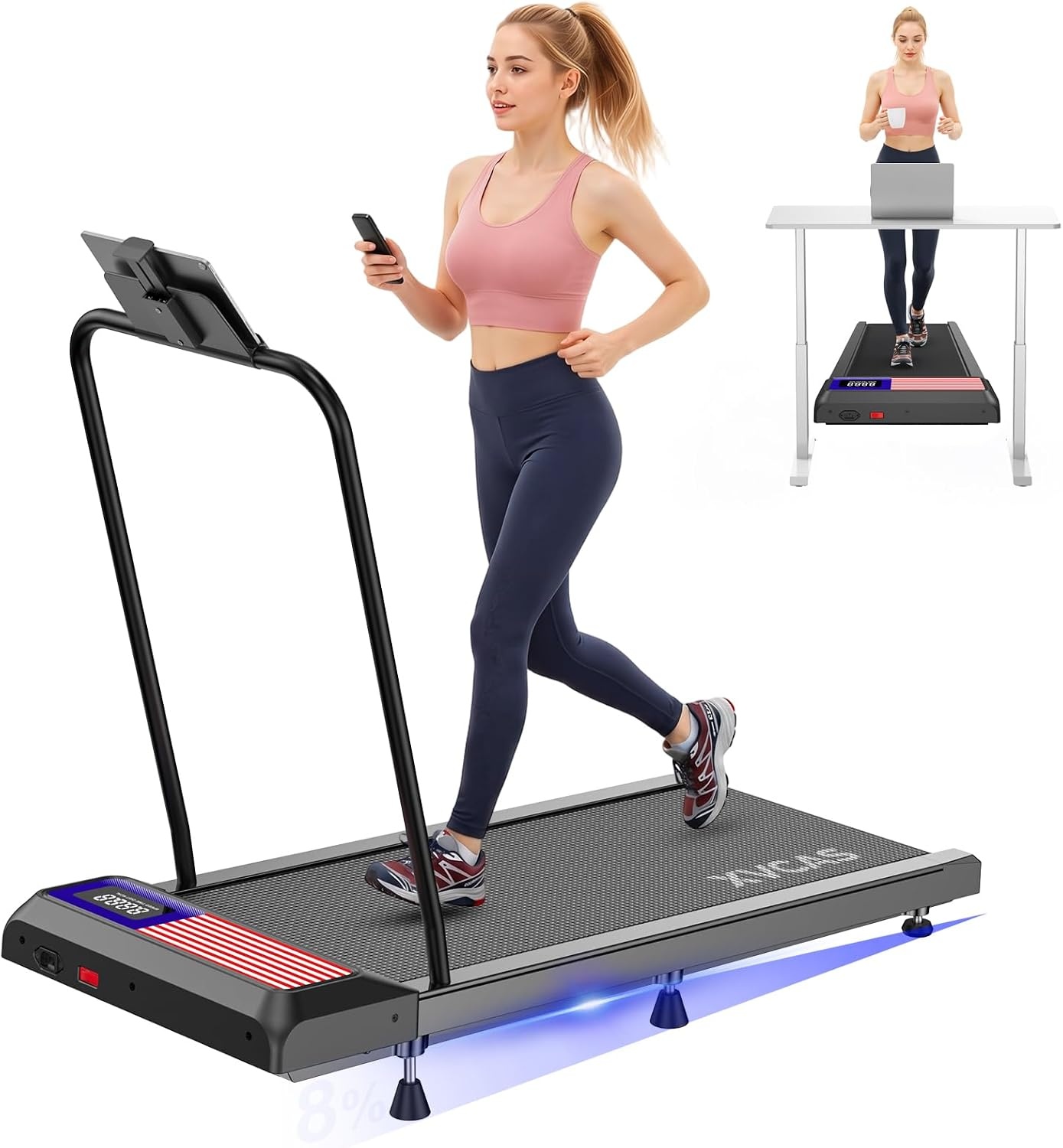 Under Desk Treadmill with Incline and Handlebar | Compact Treadmill，Perfect for Running, Walking & Under-Desk Use，Quiet Operation for Home or Office